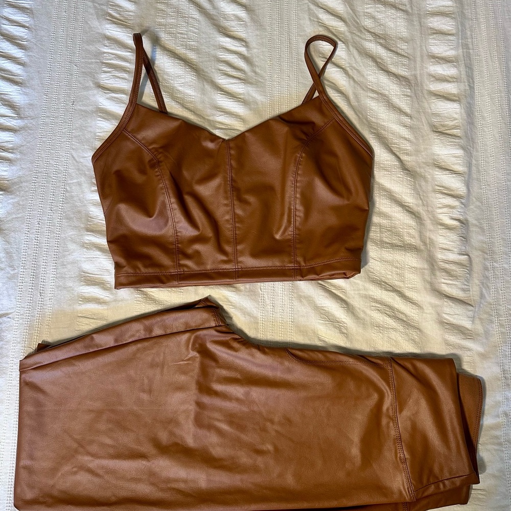 Brown Faux Leather Crop Top and Pants Set